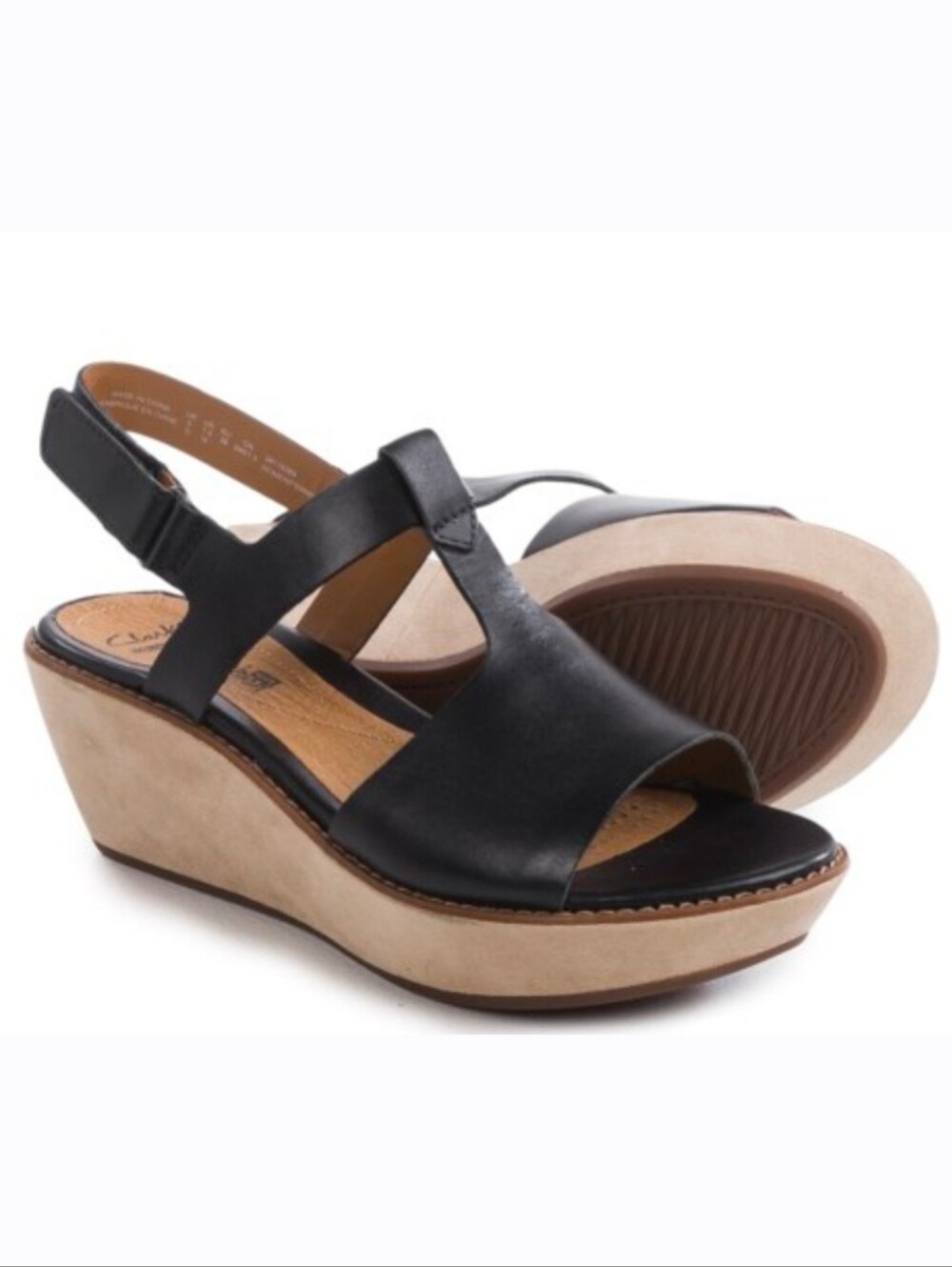 Clarks Hazelle Amore wedge sandals with adjustable hook-and-loop straps